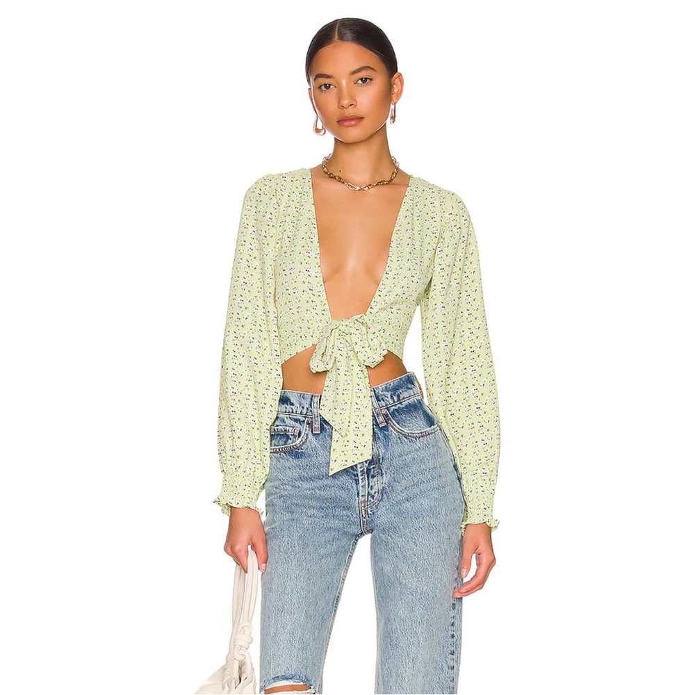 REVOLVE Tie Front Plunging Crop Top in Green Floral